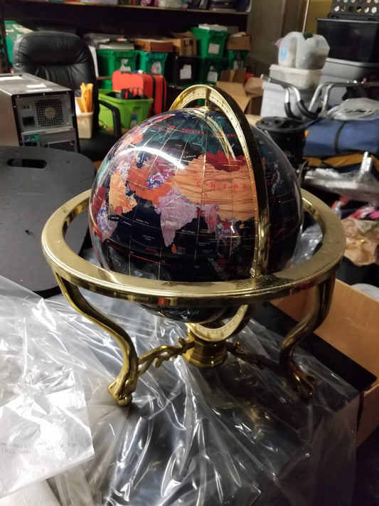 P00099 - 14"X12" Semi Precious Stone World Globe In Brass Stand